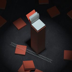 A pile of books, forming a tower, with a ladder lying at the bottom