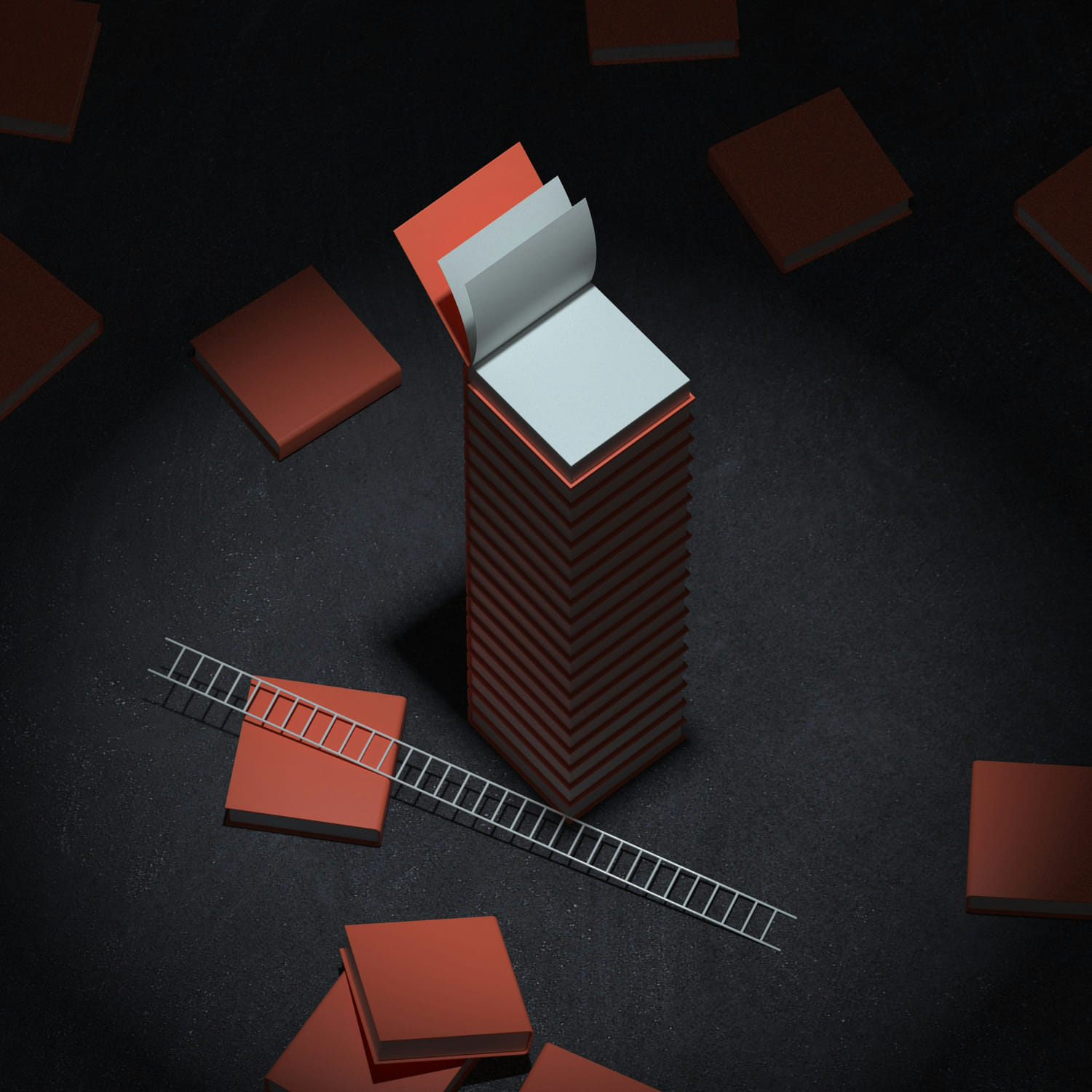 A pile of books, forming a tower, with a ladder lying at the bottom